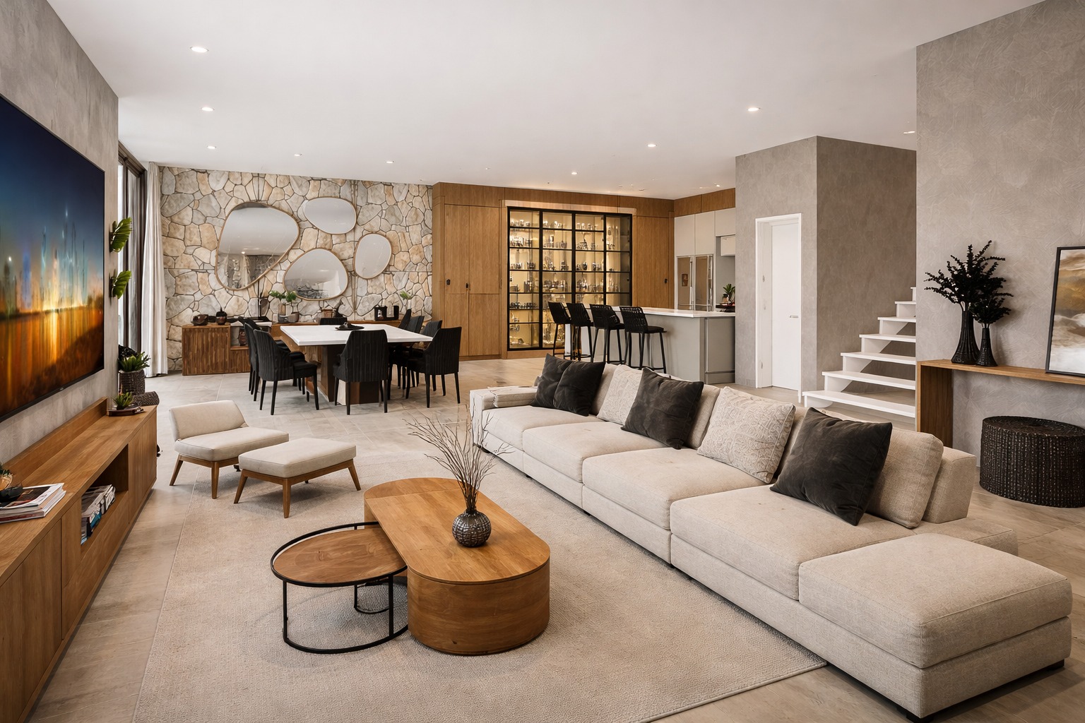 Sala de estar com parede de pedra e adega