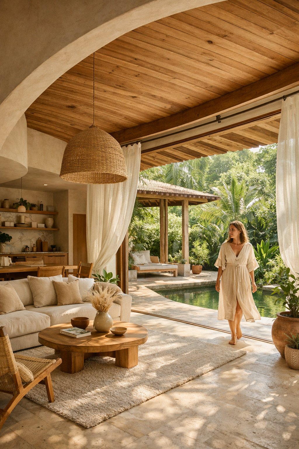 Living integrado com jardim tropical e piscina