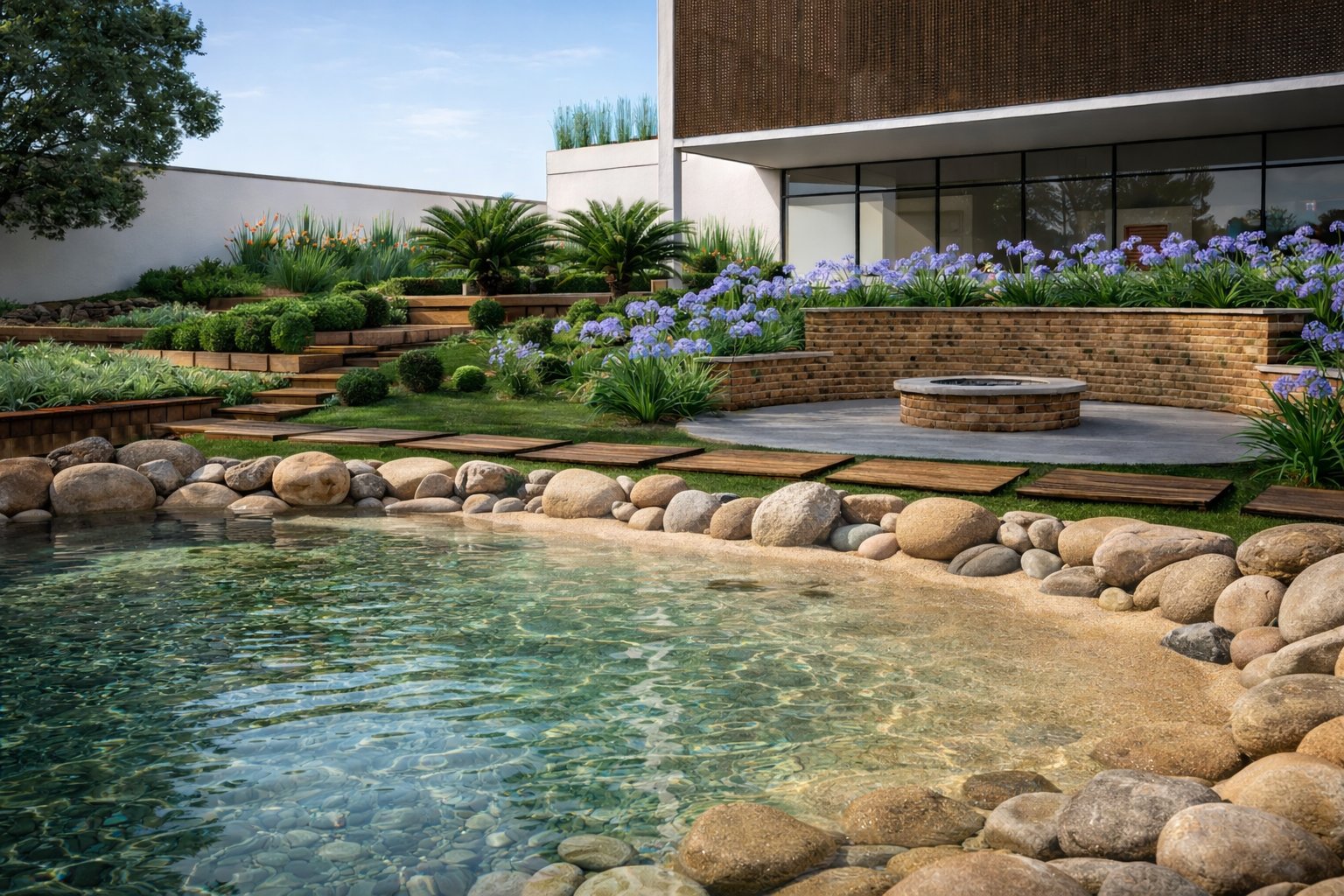 Área de lazer com piscina iluminada e jardim